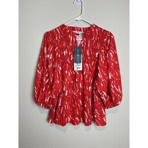 Michelle McDowell Blouse Womens Large Red Tiger Print Izola Tunic 3/4 Sleeve